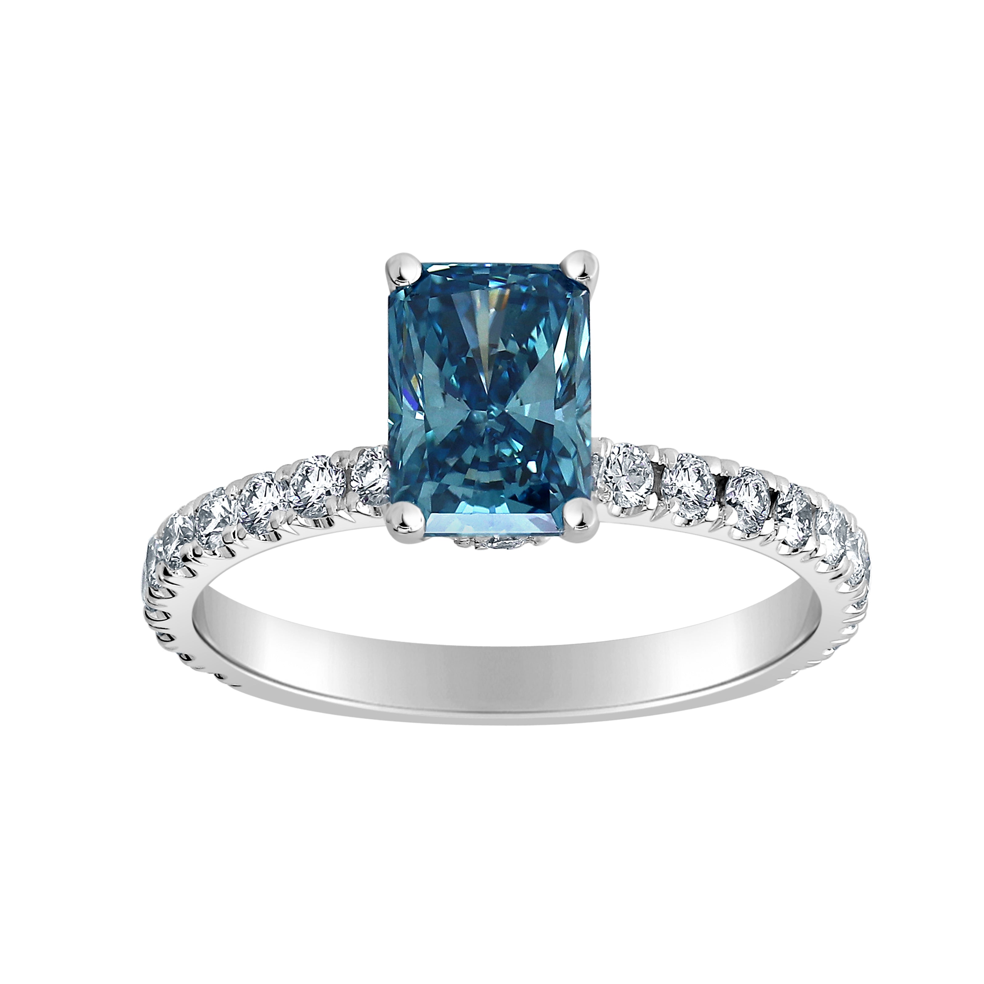 1.47ctw Lab Grown Emerald Cut Blue Diamond Ribbon Halo Engagement Ring