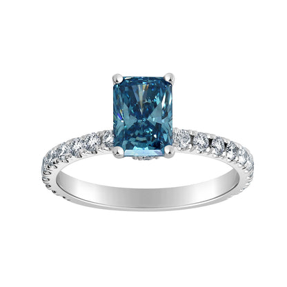 1.47ctw Lab Grown Emerald Cut Blue Diamond Ribbon Halo Engagement Ring